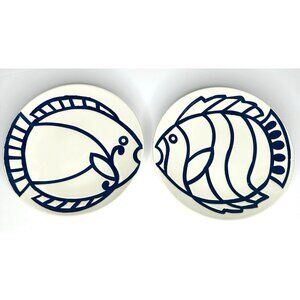 Crate & Barrel Fish Plates Stoneware White w/ Blue Set of 2 Round 8” Sea Ocean